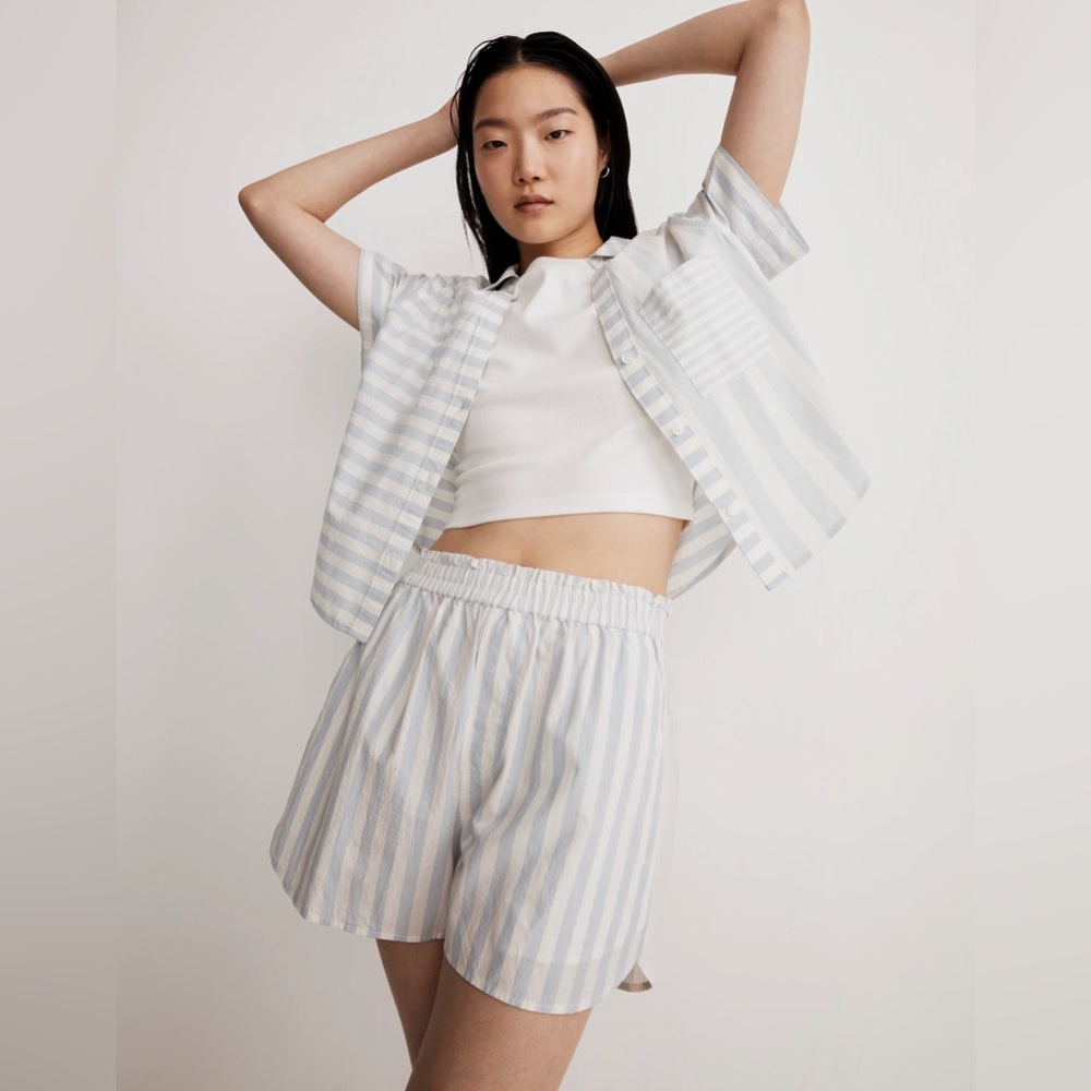Madewell‎ Women’s Pull-On Shorts weathered sky blue white poplin cotton L NWT